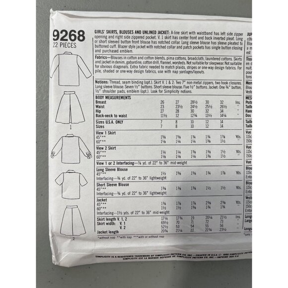 80s Simplicity 9268 Sewing Pattern Size H 7-10 Girls Skirts Blouses Jacket UNCUT - Picture 4 of 7
